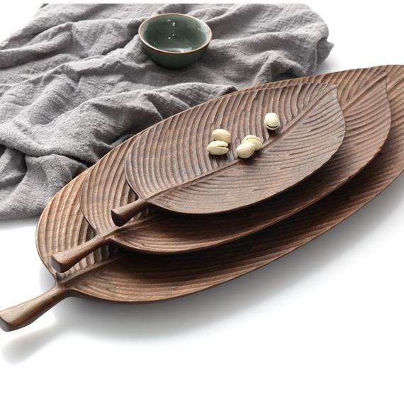 黑胡桃榉木托盘实木果盘托盘家居日式木质树叶形状餐具茶杯托盘