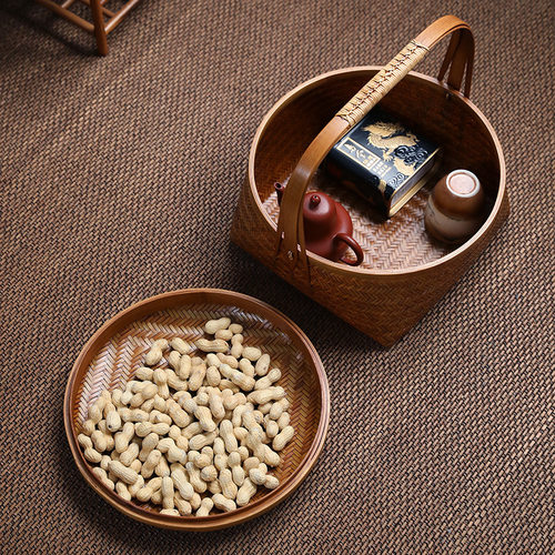 竹益堂手工竹编圆口方底提篮中式茶点盘茶具手提点心篮子收纳筐筐