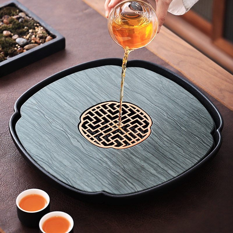 陶瓷底天然乌金石储水式茶盘