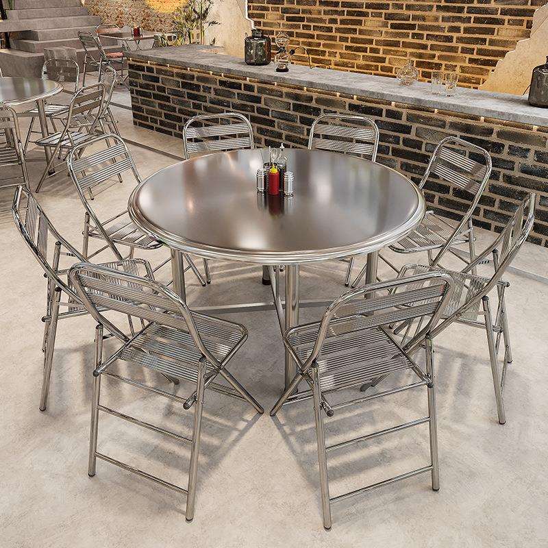 网红工业风烧烤店烤串店桌椅组合不锈钢折叠圆桌大排档餐椅餐饮店
