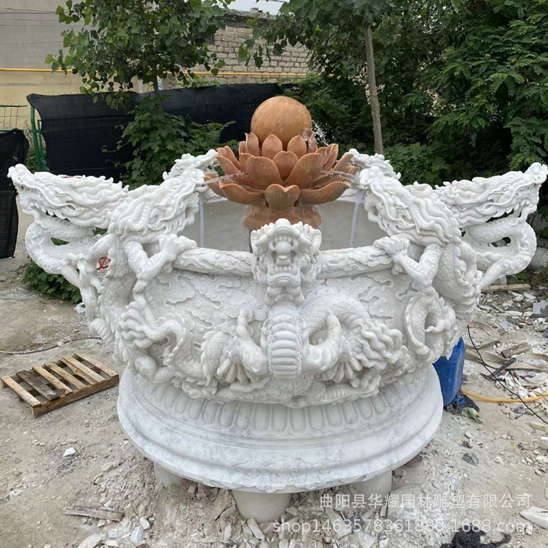 汉白玉九龙壁浮雕龙缸庭院摆件