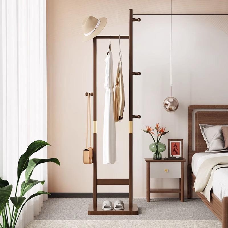 全实木扁条双杆衣帽架便携式简易挂衣架落地晾衣架收纳架阳台架