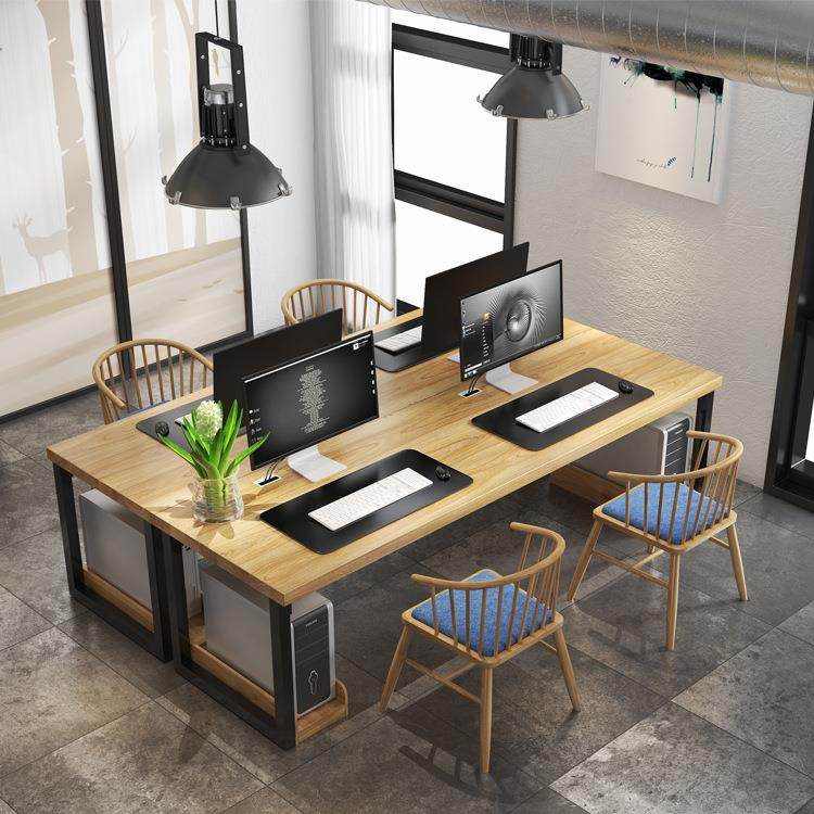 北欧实木铁艺多人位工位桌公司职员办公桌椅组合4人位工作桌