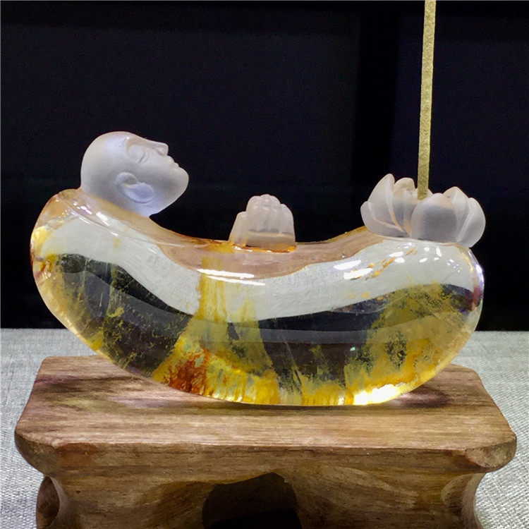 东海水晶天然红胶花黄胶花聚宝盆悟道莲花香插小把玩件摆件