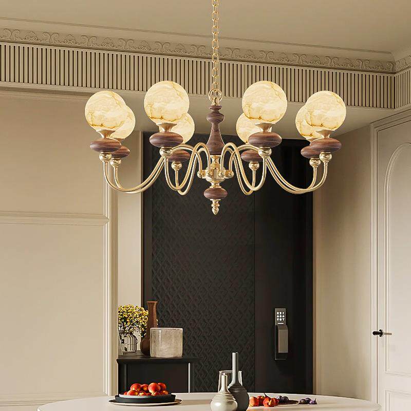 新款法式中古全铜黑胡桃木云石护眼吊灯客厅主灯南洋美式复古灯具