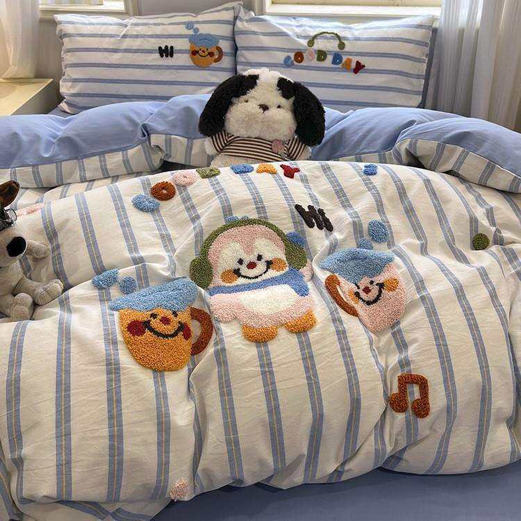 全棉水洗棉床上四件100纯棉毛巾绣被套床单人三件套儿童卡通床品