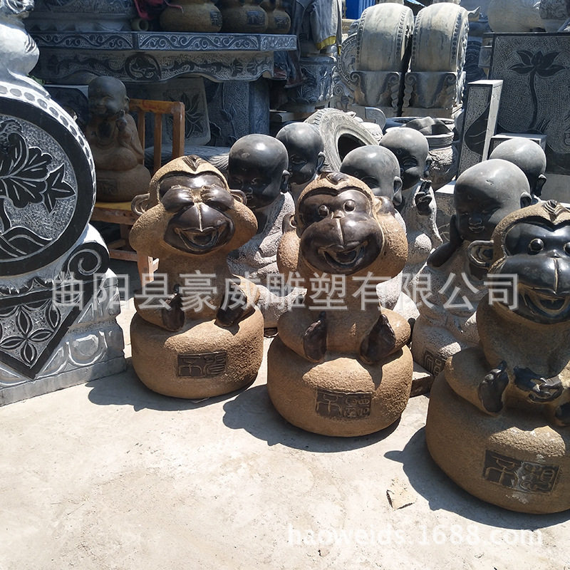 大理石三不猴手工园林雕塑摆件