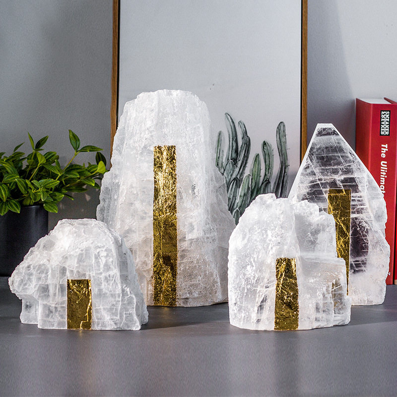 新中式桌面山峰摆件天然晶石金箔山客厅玄关假山装饰软装轻奢摆件