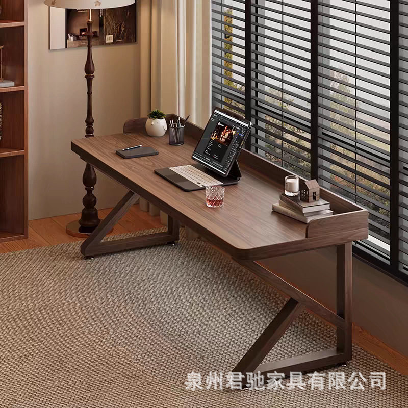 全实木双人书桌加挡板台式电脑桌长条电竟床边桌子家用简约学习桌