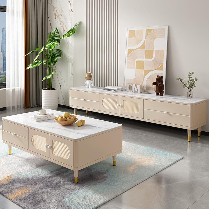奶油风岩板客厅电视柜茶几组合简约现代卧室轻奢小户型落地法式