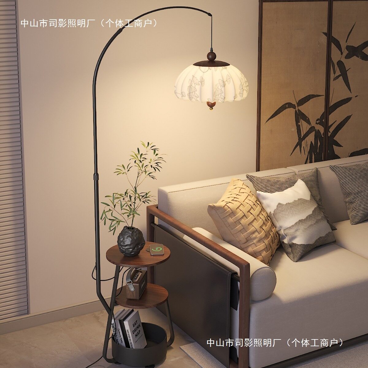 2025新款中古风中式客厅落地灯护眼实木卧室书房无线充置物一体灯