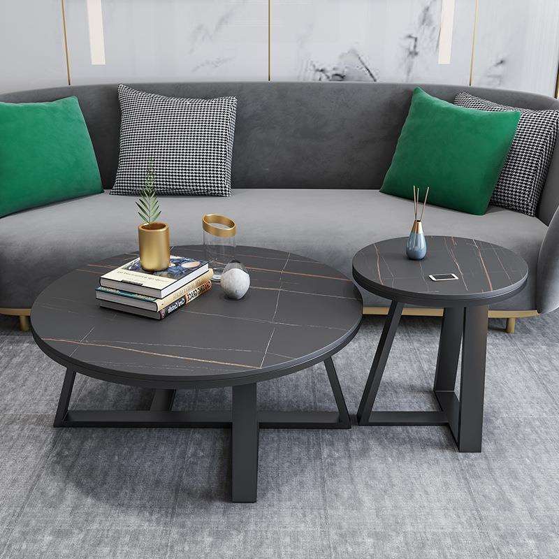 简约现代轻奢创意岩板小茶几家用客厅圆形大理石茶台铁艺边几组合