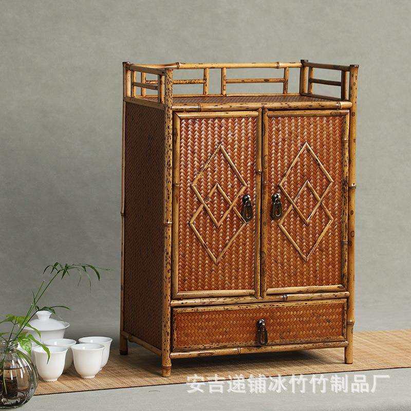 手工竹制博古架梅鹿竹制茶箱茶道器具收纳箱竹茶棚复古收纳柜