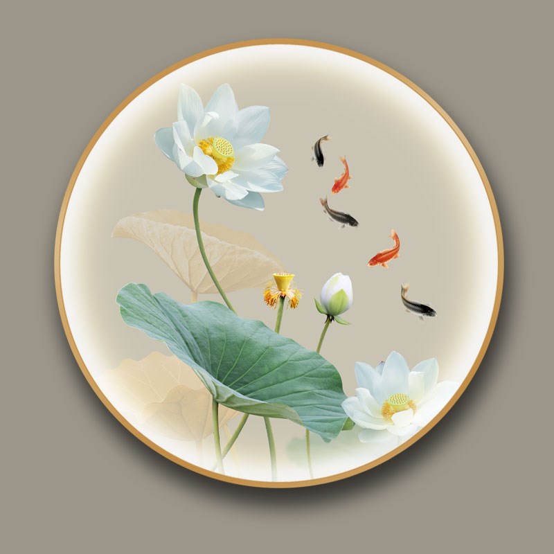 荷花卧室酒店装饰画餐厅走廊莲花壁灯新中式圆形客U厅玄关带灯挂图片