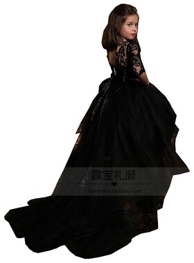 女童黑色晚礼服儿童模特T台走秀钢琴小提琴演出服主持人2018新款