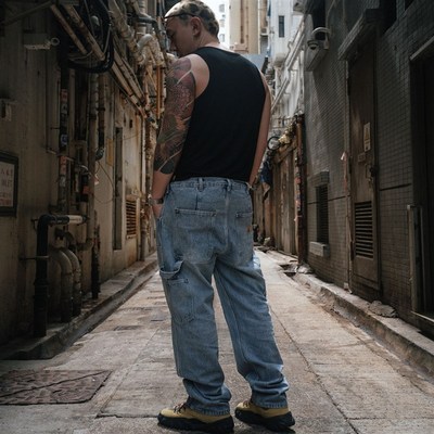 SUC群起25春夏双膝重磅水洗做旧伐木工装直筒宽松牛仔裤