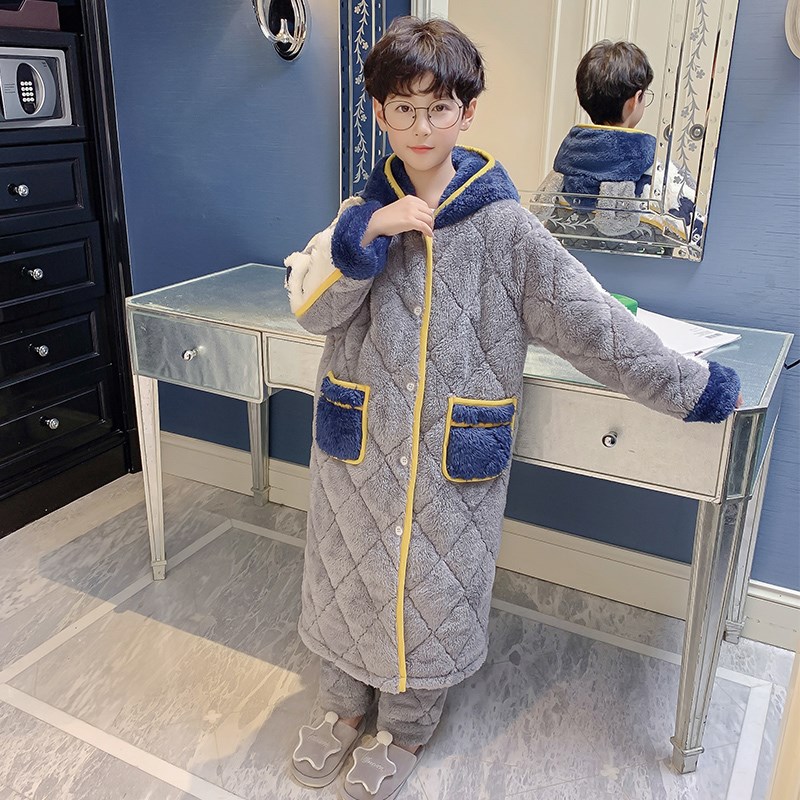 儿童睡衣男童冬季三层夹棉加厚款加绒珊瑚绒大童法兰绒深灰家居服