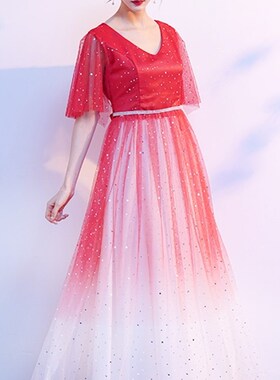 红色大合唱团演出服女长裙中老年学生红歌朗诵主持人表演修身礼服