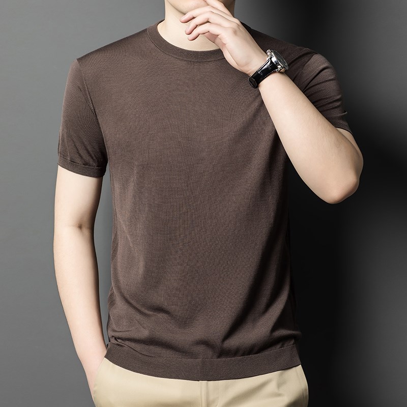 超薄极细美丽诺精纺纯羊毛衫男 柔软贴身不扎圆领针织羊毛t恤短袖
