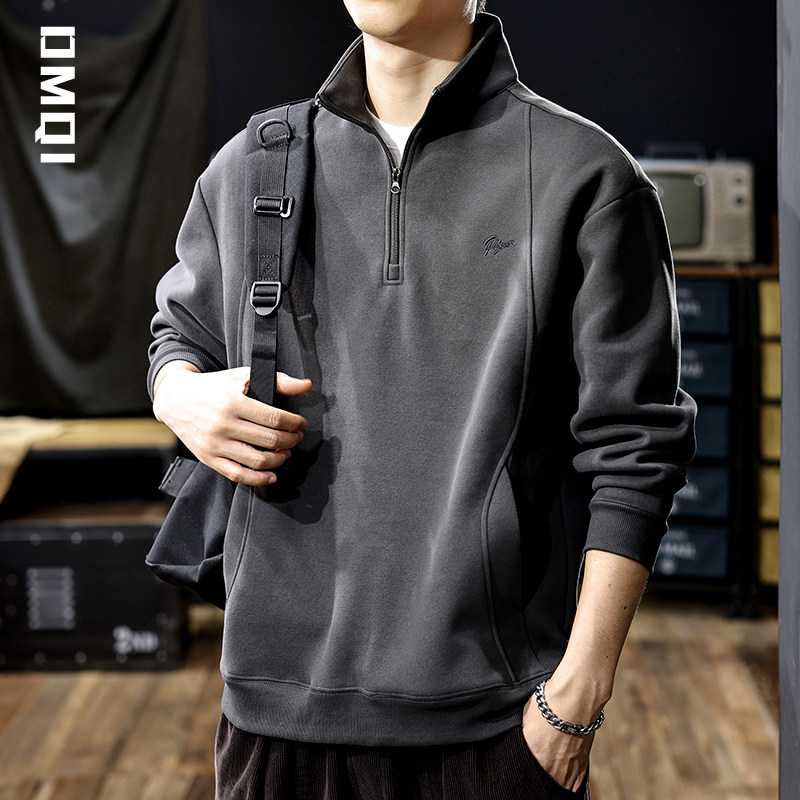冬款加绒半拉链立领卫衣男士秋冬加厚大码polo衫男款长袖上衣男装