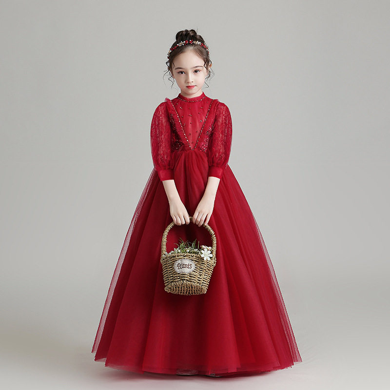 儿童晚礼服红色公主裙女童钢琴演出服走秀花童婚纱生日主持人秋冬