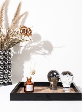 简约侘寂风皮革木纹托盘摆件家居样板间售楼部别墅酒店软装工艺品