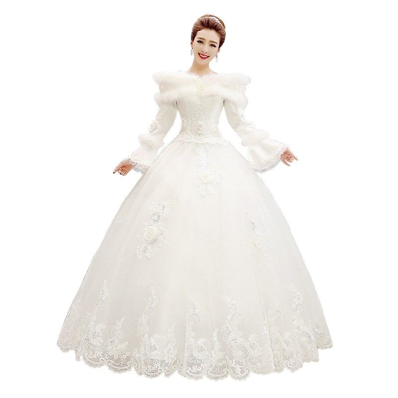 冬季婚纱礼服2021新款新娘结婚秋冬款长袖齐地加厚保暖冬天白色女