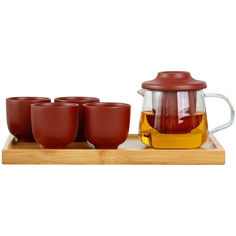 紫砂功夫茶具套装玻璃公道杯品杯茶壶礼盒一壶四杯带茶盘家用