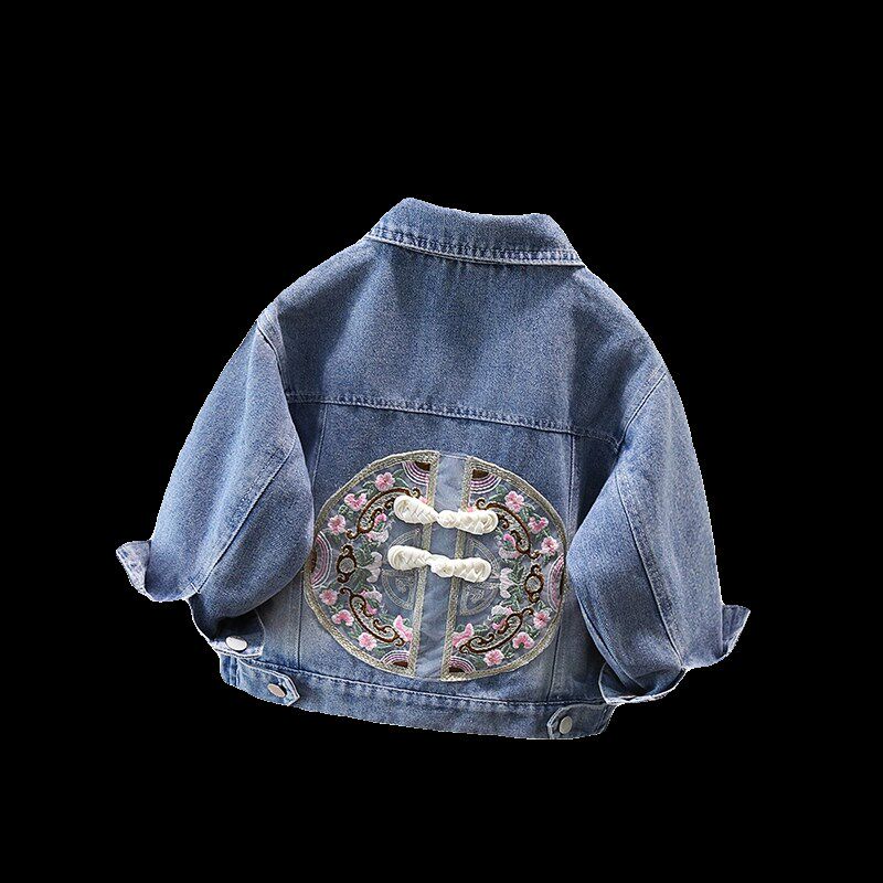 女童洋气牛仔外套春秋2024新款中大童薄款夹克中国风宝宝宽松上衣