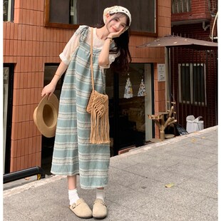 宽松格子背带连衣裙套装 大码 胖mm森系甜美花边衬衫 2024夏季 女装