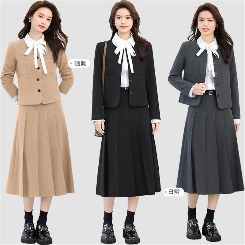 高货速发半身裙西装套装女2025新款通勤韩版灰色职业装百褶裙工作
