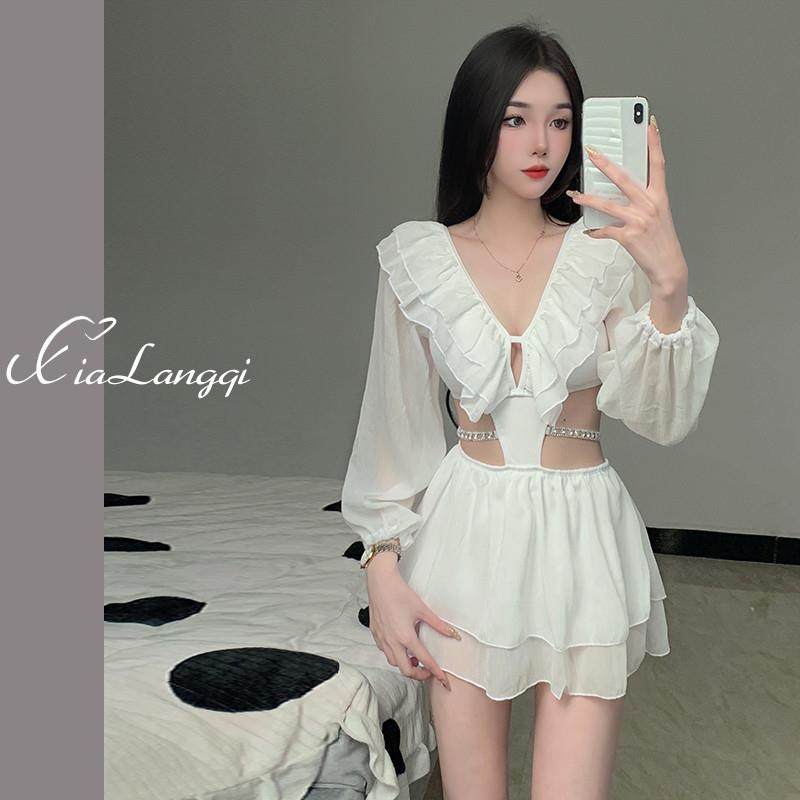 高货泳衣女2024新款连体裙式白色仙女范保守遮肚显瘦高级感泡