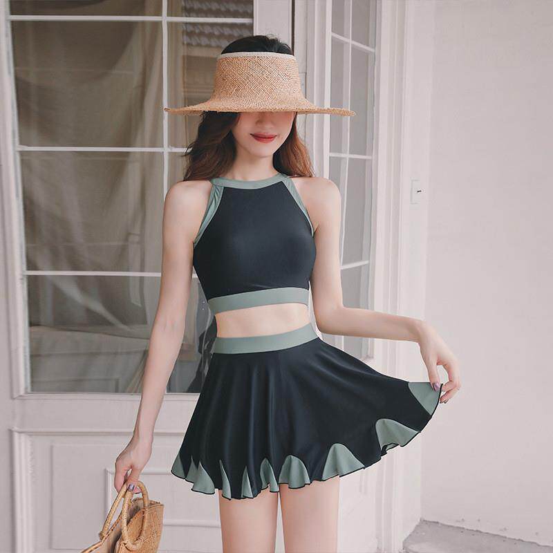 高货泳衣女韩国ins仙女范温泉拼色保守分体裙式比基尼显瘦遮肚 游