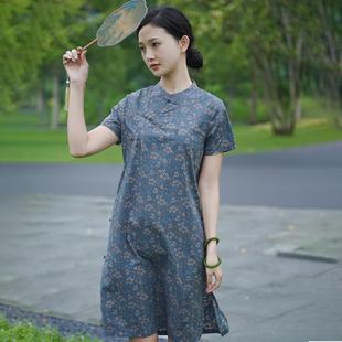 正货特价 女碎花连衣裙日常文艺盘扣宽松立领改良复古茶服旗 新中式