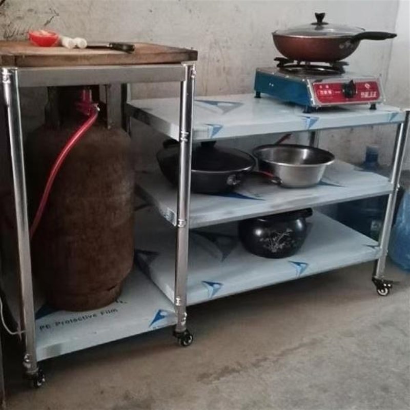 可移动不锈钢二i三层厨房置物架煤气罐架燃气灶架操作台整理收纳