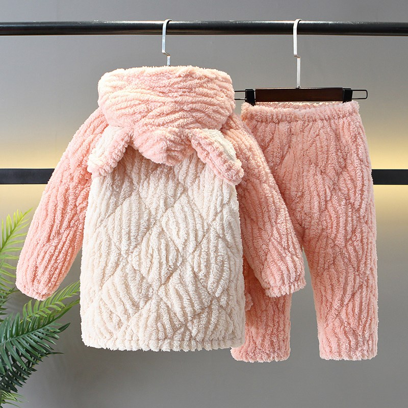 女童睡衣冬季加厚款法兰绒三层夹棉宝宝女孩加绒珊瑚绒儿童家居服