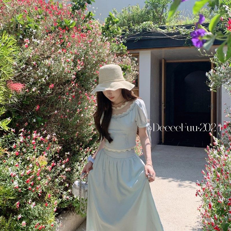 DeeFuu沛沛 蓝海碎星 法式浪漫薄荷绿套装精致衬衫高腰a字长裙