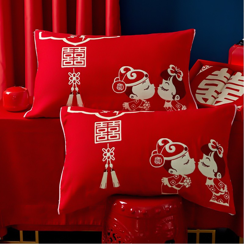 结婚喜庆大红色枕巾一对装全棉纱婚庆双人床上枕头芯面巾盖垫陪嫁