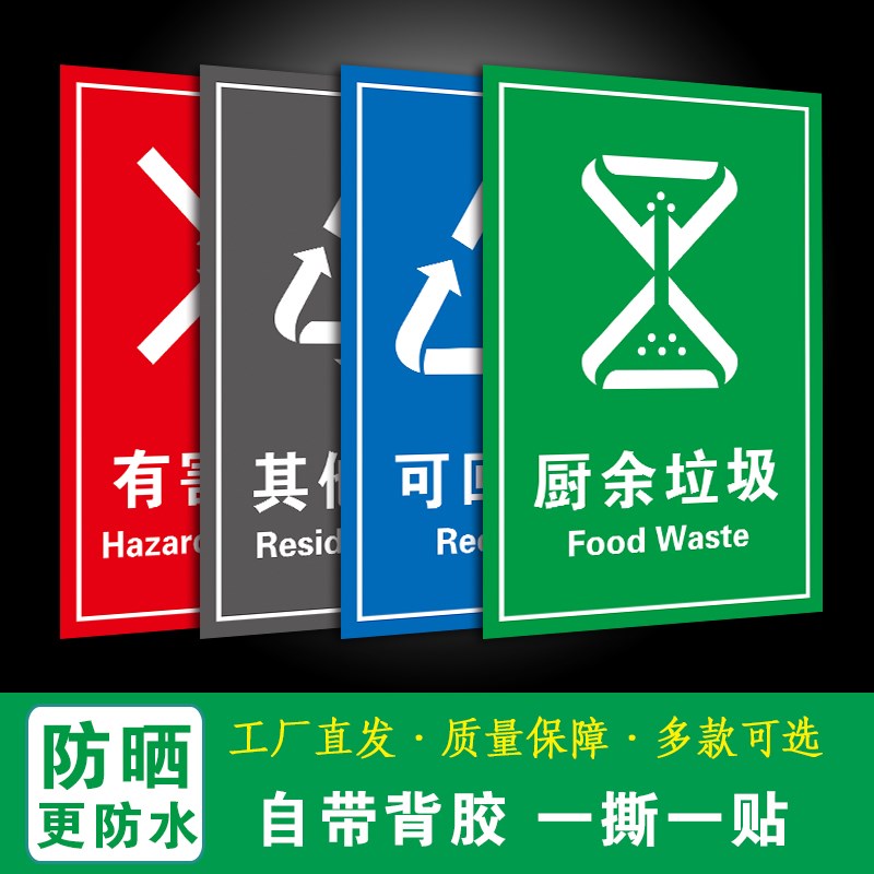 新版垃圾分类标识图贴纸提示牌厨余可回收垃圾桶分类防水环保标志