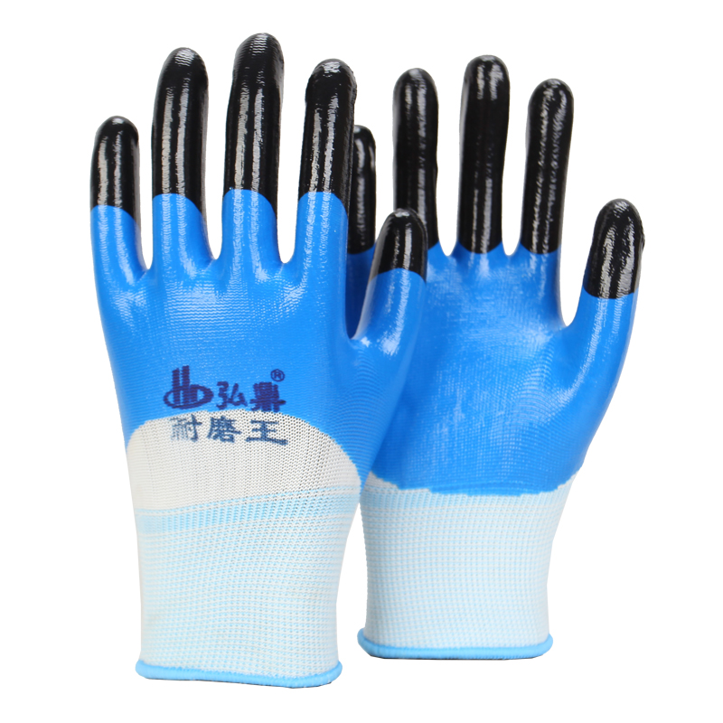 弘鼎耐磨王丁腈半挂加强指劳保耐油耐戴防滑工地机械防护胶皮手套