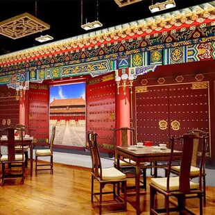 8D紫荆城故宫红背景墙壁纸北京古代皇宫壁画廷风墙纸汉唐装修墙布