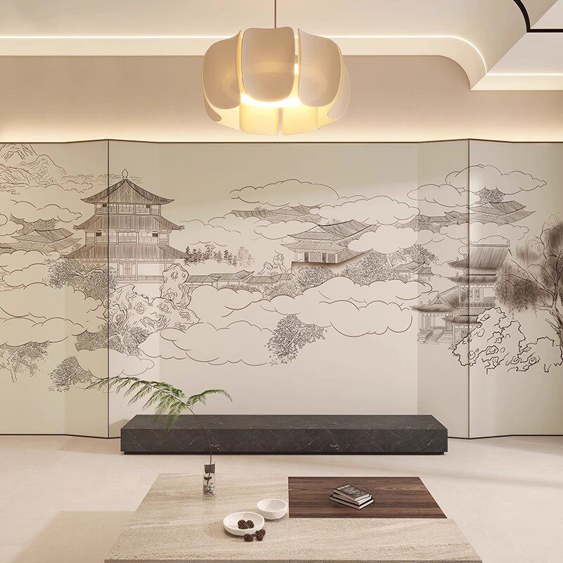 新中式线描阁楼3D立体浮雕壁布电视背景定制壁画饭店餐厅装饰墙布