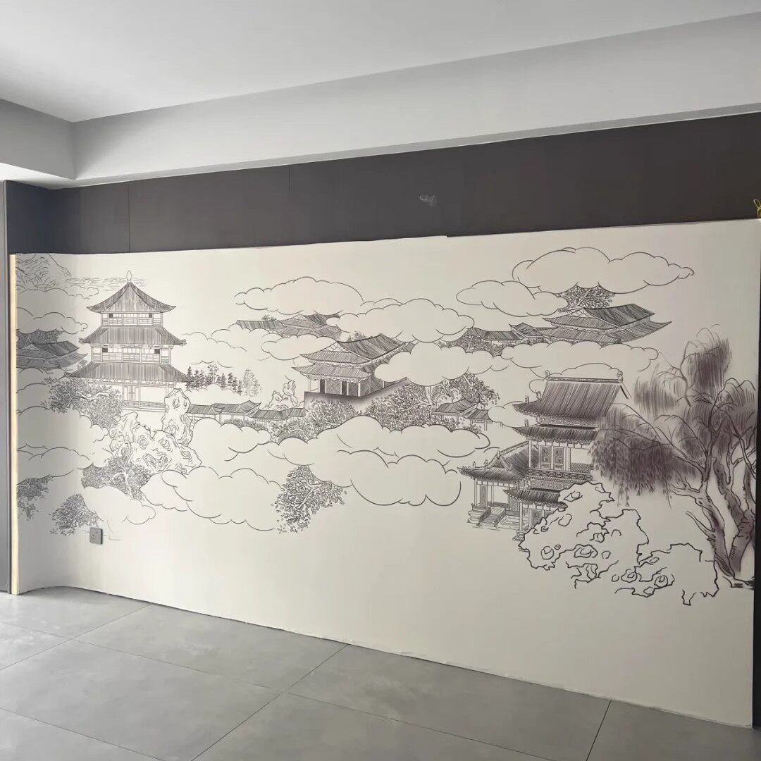 新中式楼阁壁纸古风电视背景墙纸宋氏美学定制壁画饭店客餐厅墙布