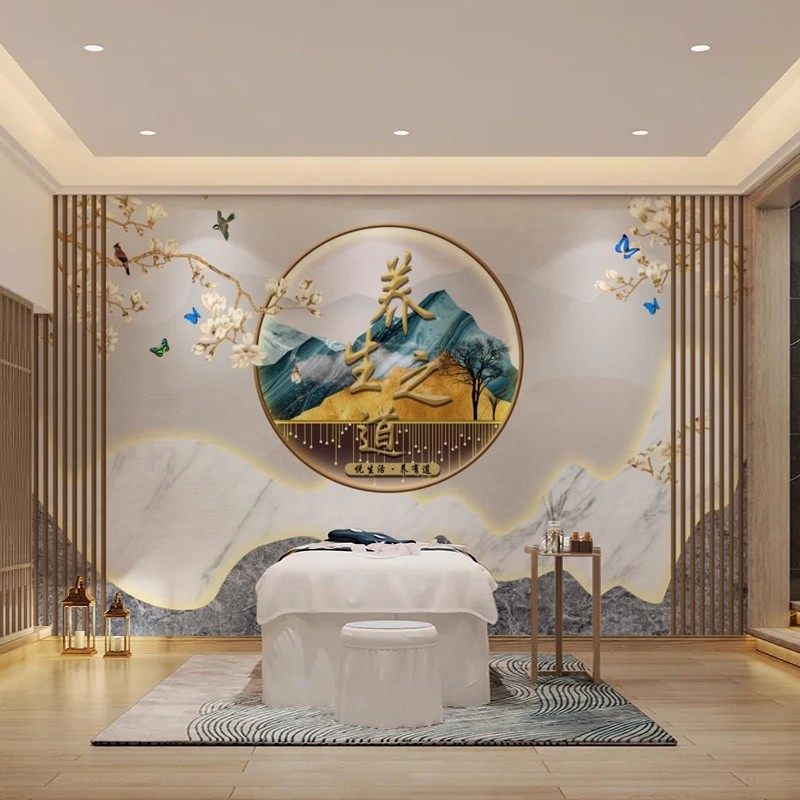 新中式养生会所壁纸足浴足疗壁布台形象墙头疗采耳馆前台背景墙纸,家装主材,定制壁画,淘宝优惠券,粉丝福利购,淘宝优惠卷