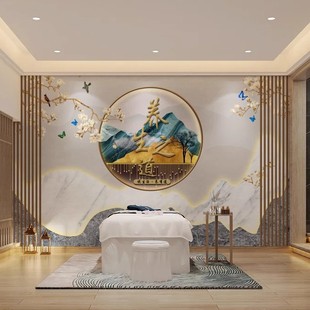 新中式养生会所壁纸足浴足疗壁布台形象墙头疗采耳馆前台背景墙纸