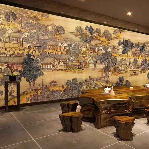 书房清明上河图墙纸酒店新中式