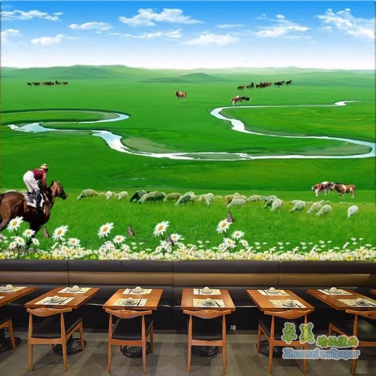 蒙古包草原壁纸壁画牛羊烧烤店餐厅餐饮店墙纸蓝天白云背景墙壁布,家装主材,定制壁画,淘宝优惠券,粉丝福利购,淘宝优惠卷