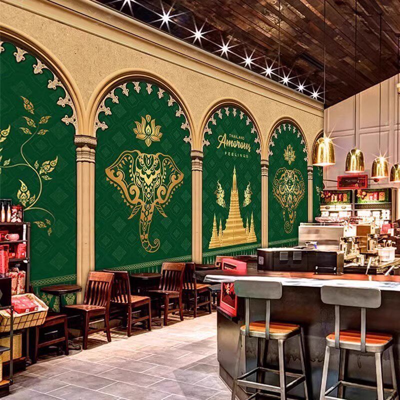 东南亚风情装饰壁纸傣族墙纸泰国奶茶店背景墙装修泰式按摩店壁画,家装主材,定制壁画,淘宝优惠券,粉丝福利购,淘宝优惠卷