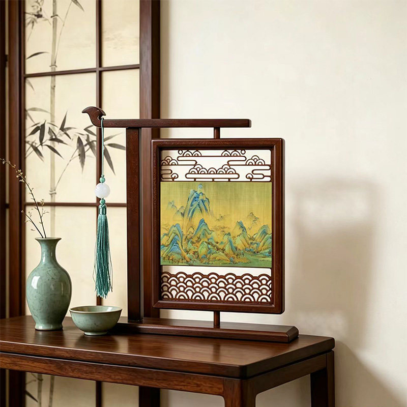 中国风客厅玄关复古山水画茶室书房摆件工艺品茶室相框旋转摆台画
