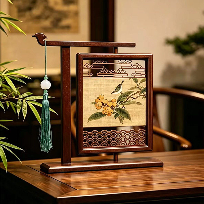 中式古典木质花鸟屏风摆件客厅书房桌面工艺品茶室相框旋转摆台画